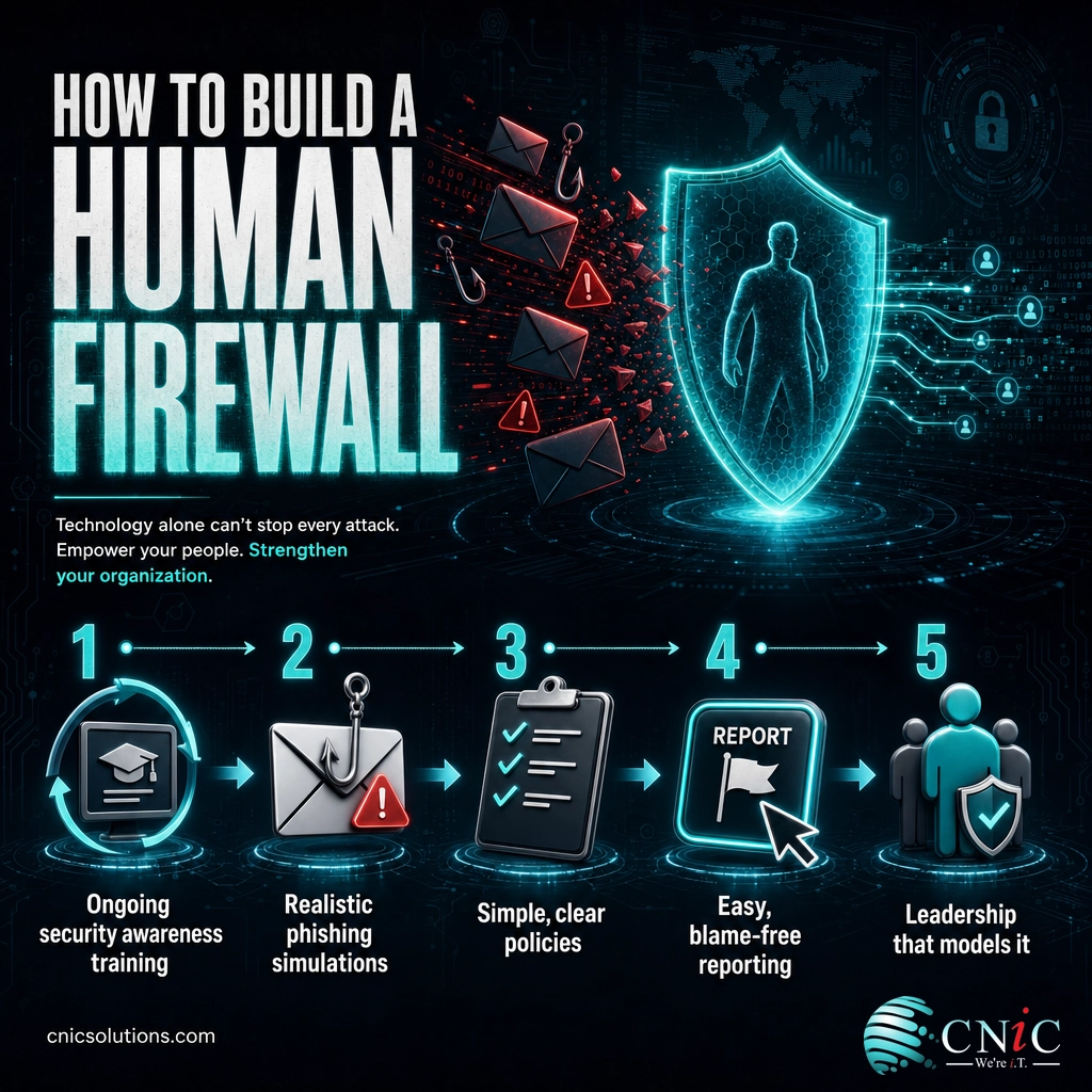 Infographic of five steps to build a human firewall: training, phishing simulations, policies, reporting, leadership