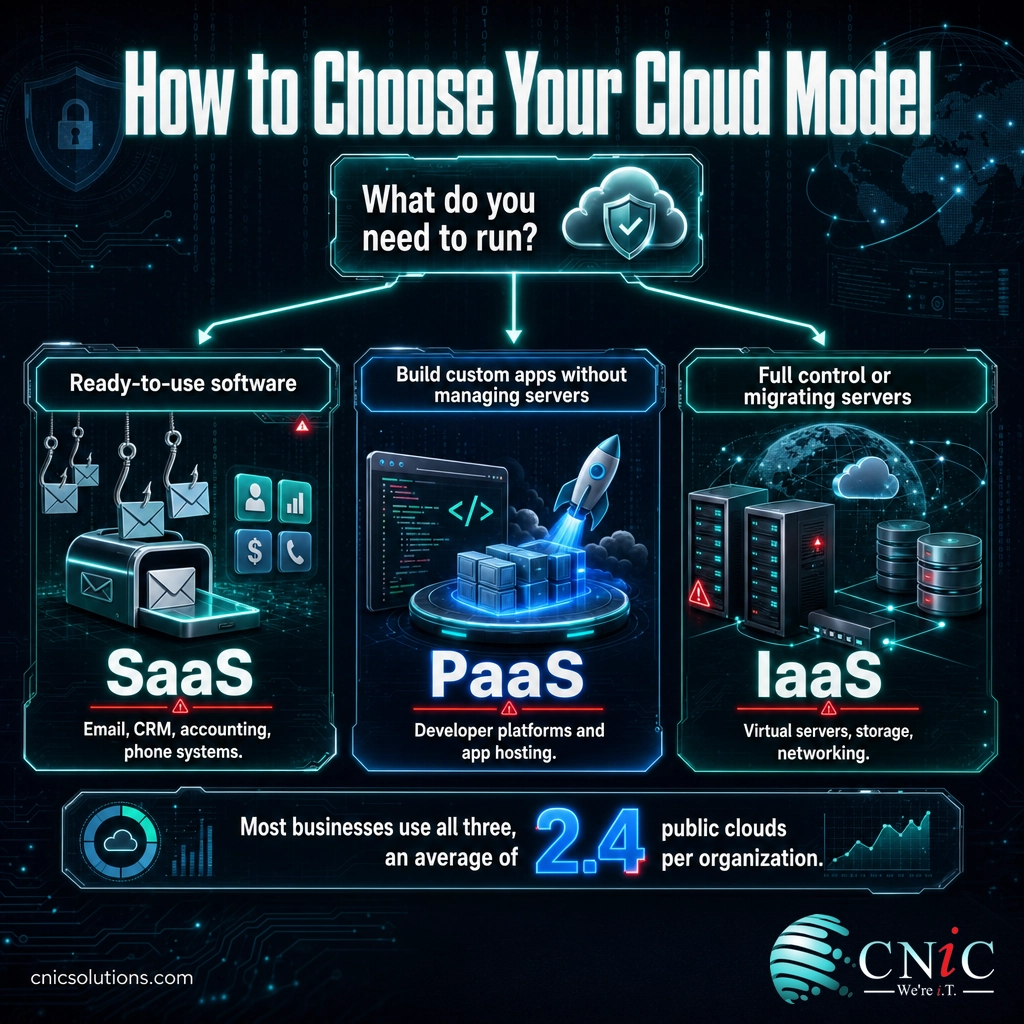 Decision flowchart mapping business needs to SaaS, PaaS, or IaaS cloud service models