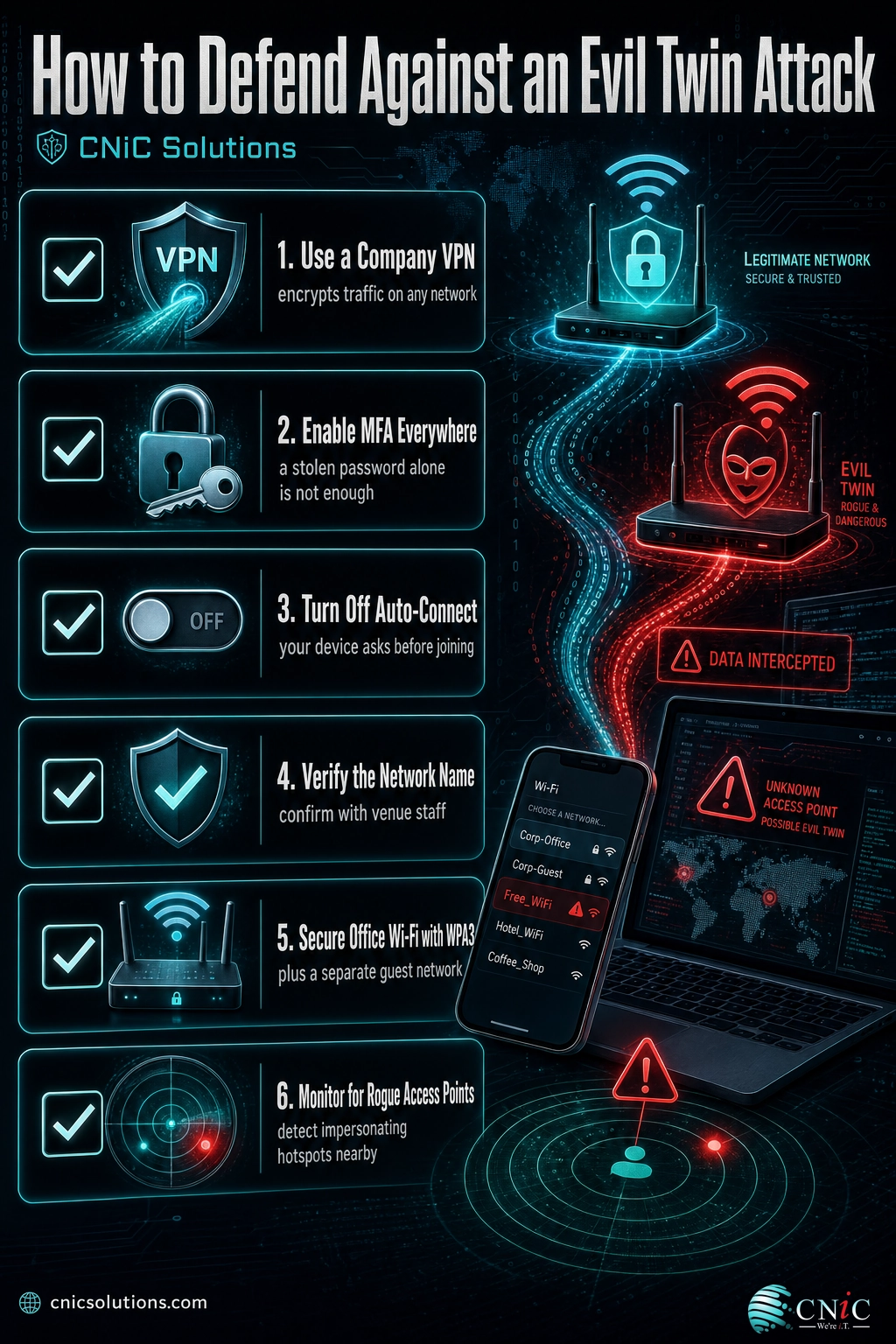 Checklist infographic listing six evil twin defenses including using a VPN, enabling MFA, and monitoring for rogue access points