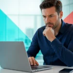 IT professional analyzing cybersecurity data on a laptop in a modern office setting.