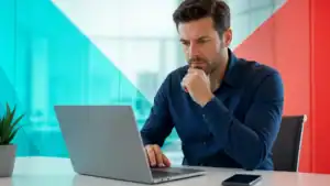 IT professional analyzing cybersecurity data on a laptop in a modern office setting.