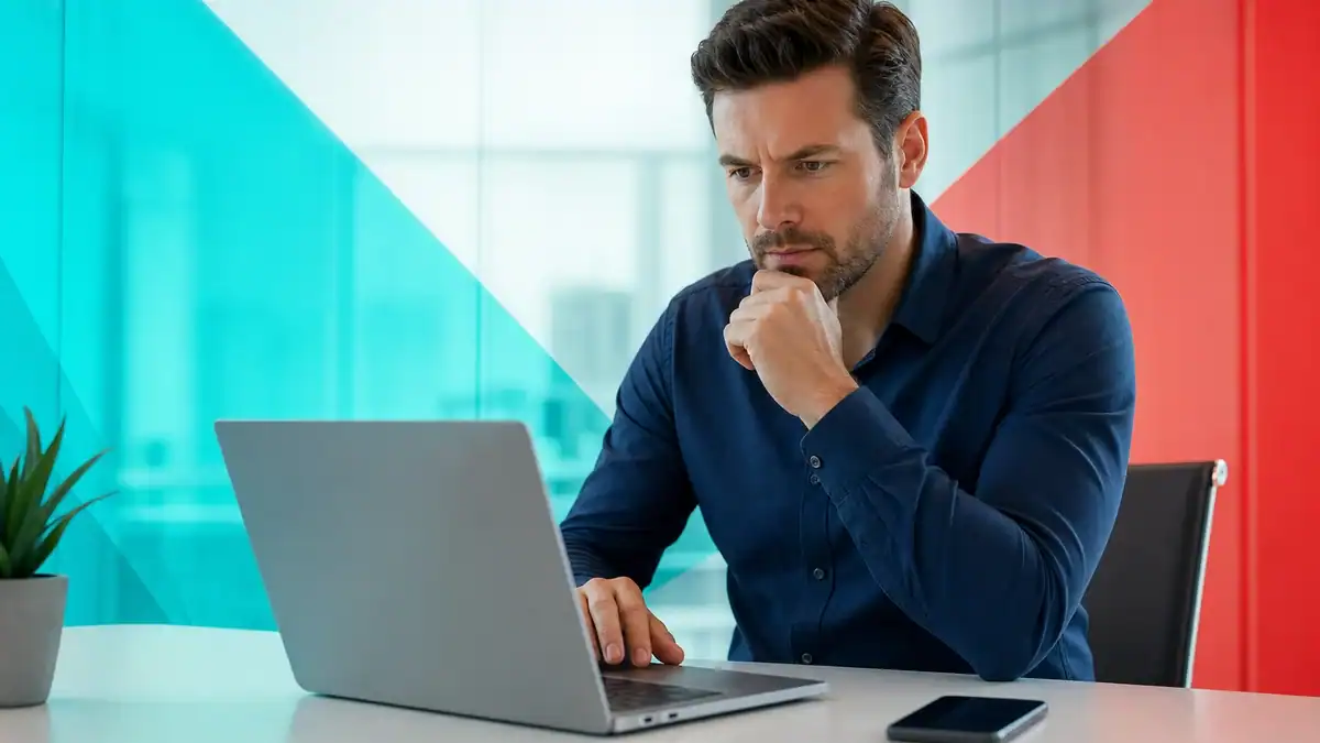 IT professional analyzing cybersecurity data on a laptop in a modern office setting.