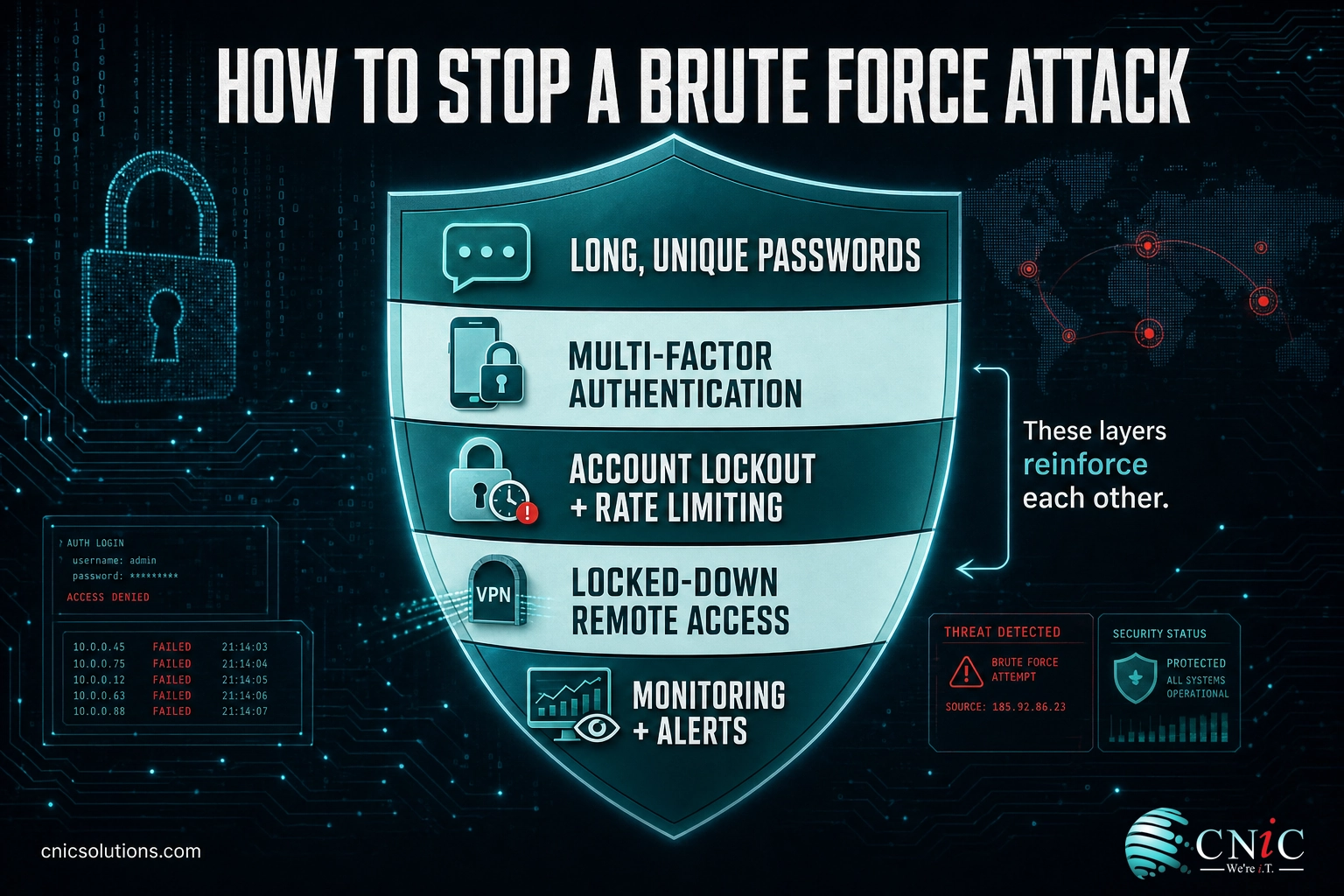 Infographic of five layered defenses against brute force attacks including MFA, lockout, and monitoring