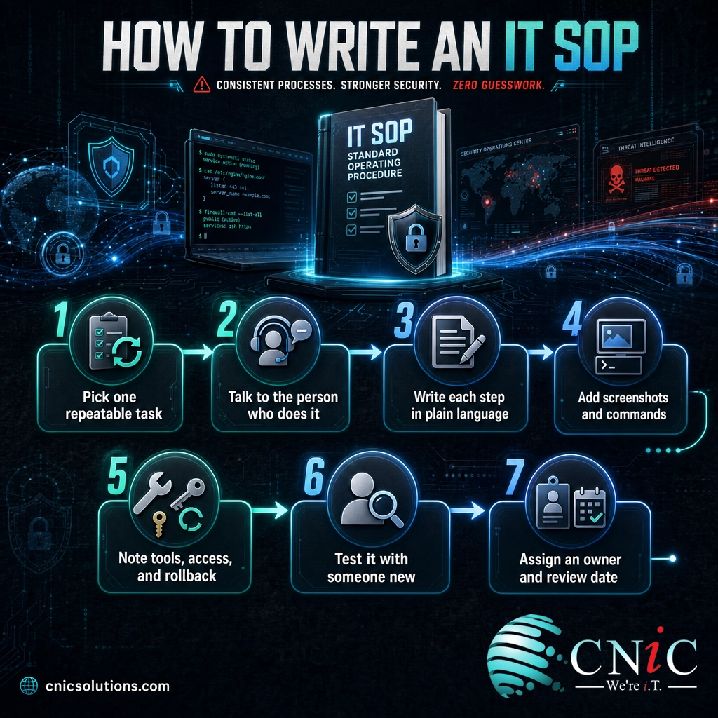 Seven-step process infographic for writing an effective IT standard operating procedure