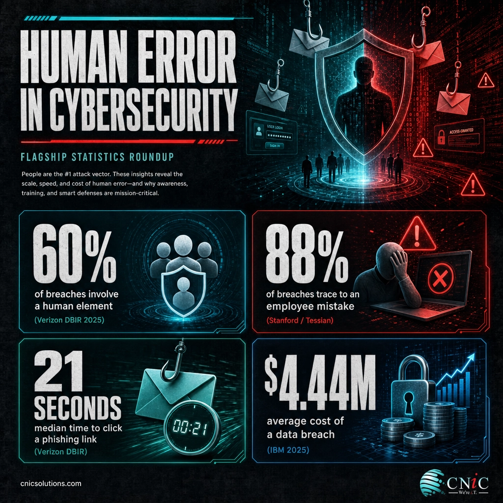 Infographic of four key human error cybersecurity stats: 60% human element, 88% employee mistake, 21 seconds to click, $4.44M breach cost