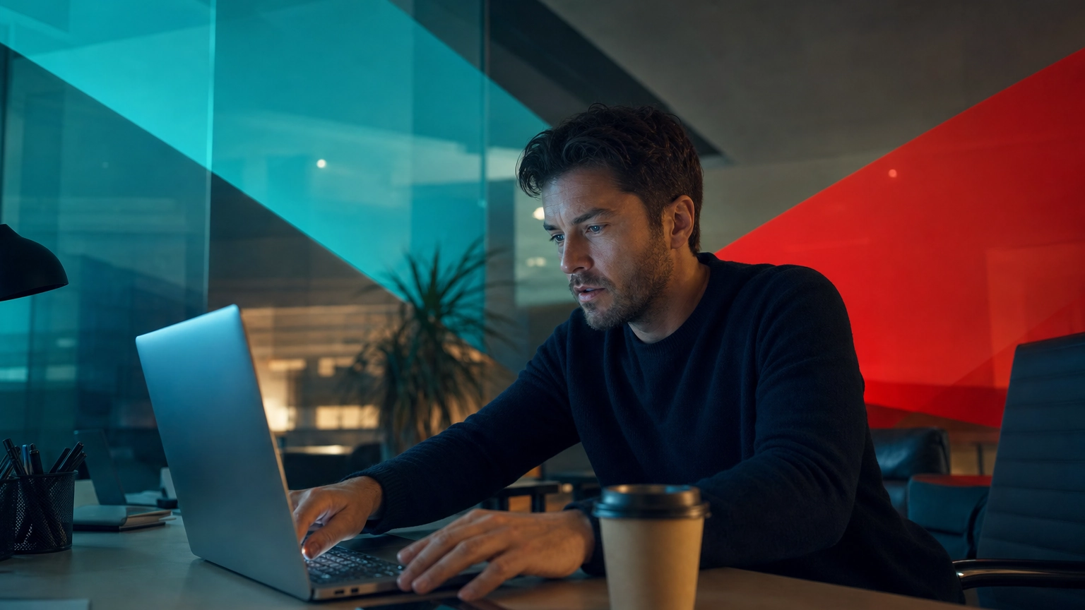 Distracted office worker at a laptop late in the day, illustrating human error in cybersecurity