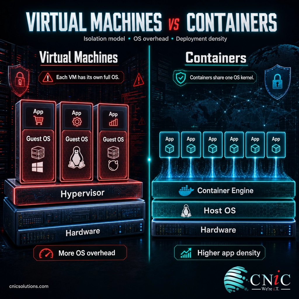 Diagram comparing virtual machines each with a full OS against containers sharing one host OS kernel