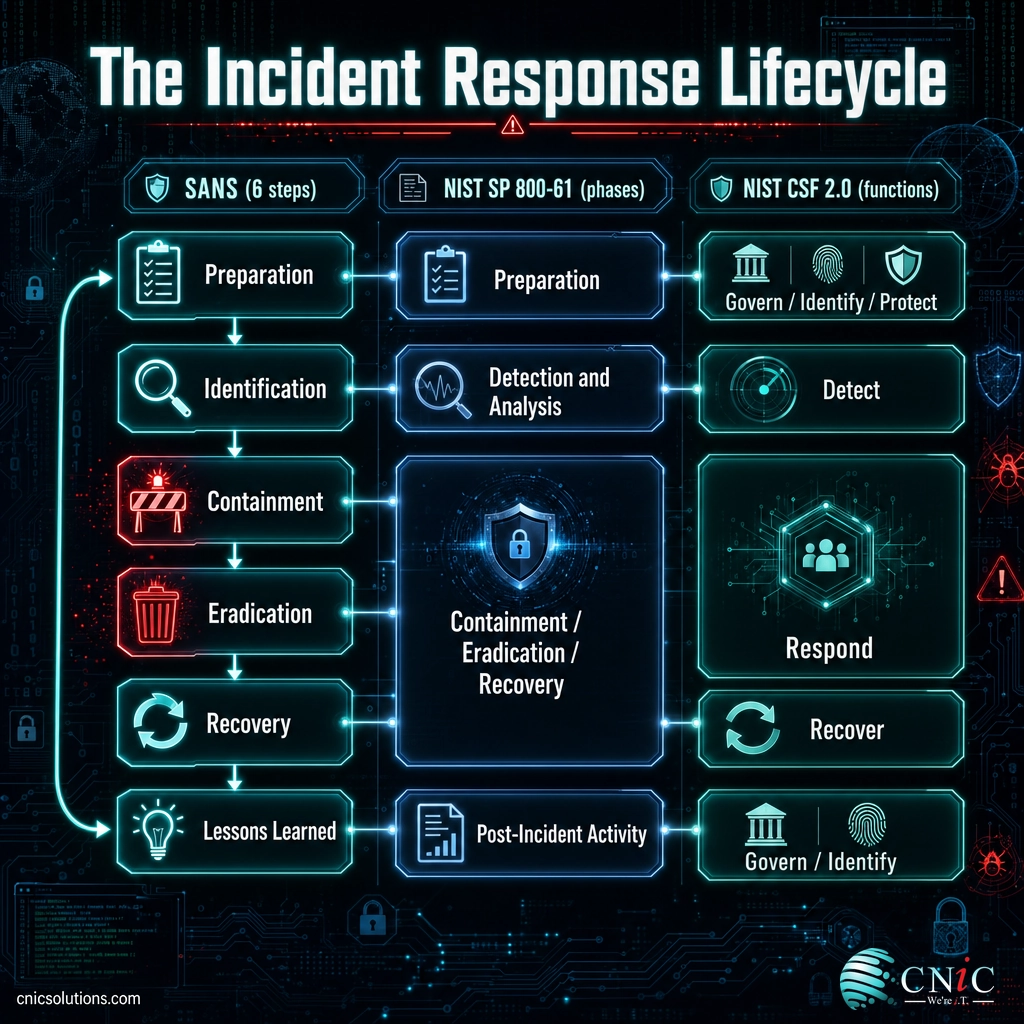 Infographic aligning the SANS six-step incident response model with NIST SP 800-61 phases and NIST CSF 2.0 functions