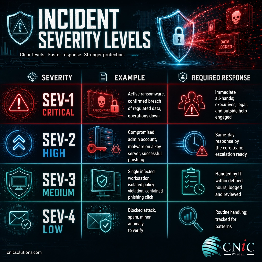 Infographic showing four incident severity levels from SEV-1 critical to SEV-4 low with an example and response for each