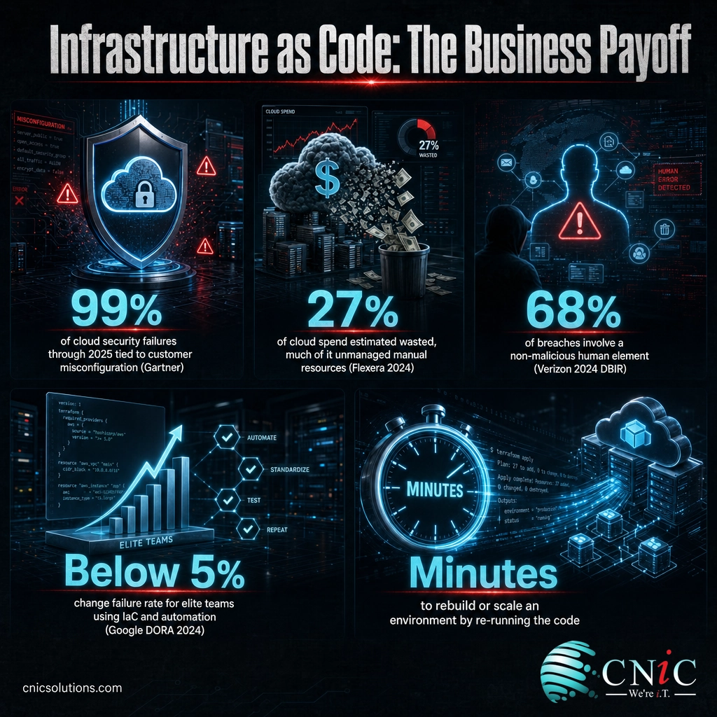 Infographic of IaC business benefits: 99% misconfig failures, 27% wasted cloud spend, 68% human element, sub-5% failure rate