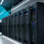 Rows of server racks in a modern data center representing monitored business IT infrastructure