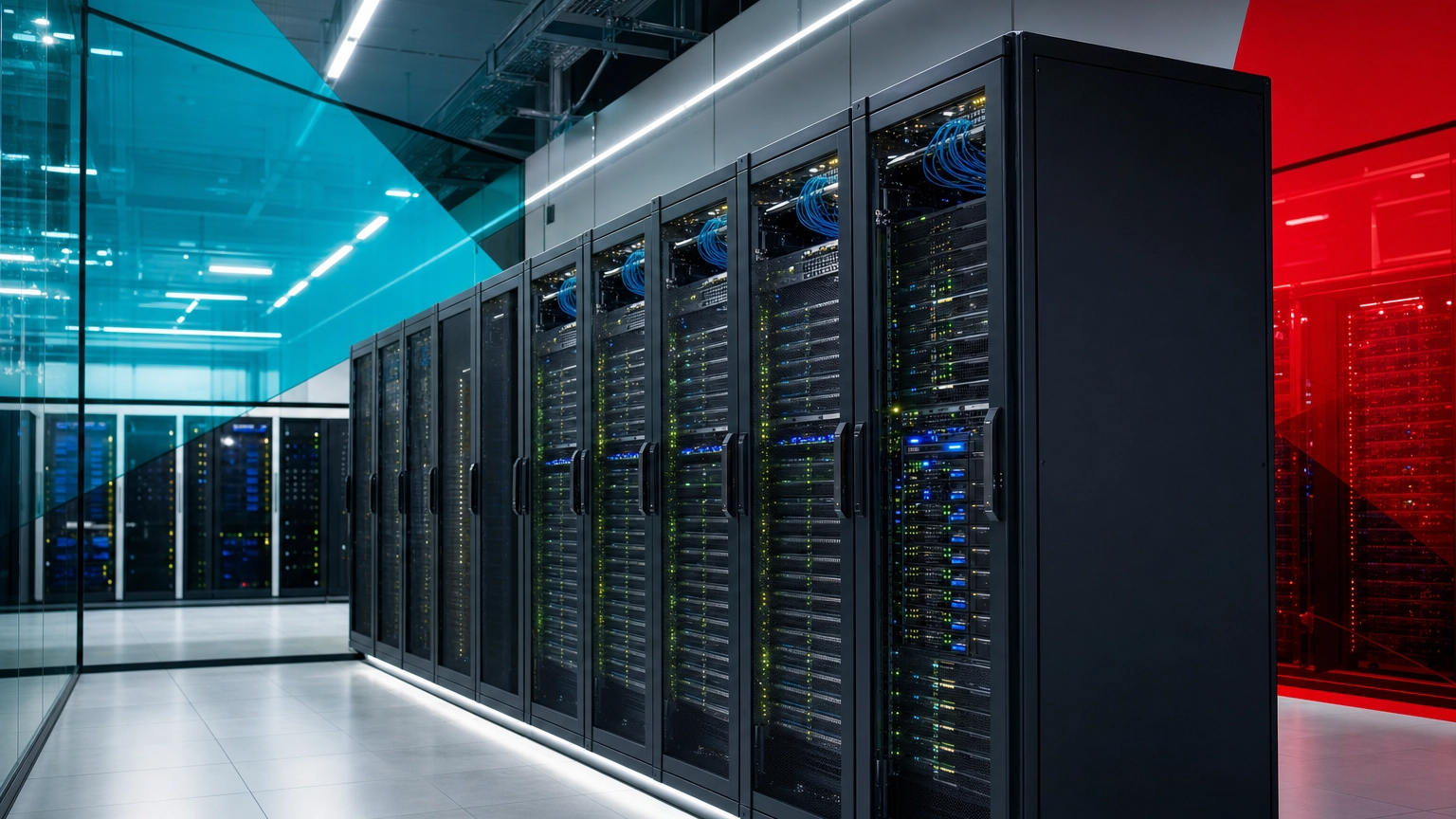 Rows of server racks in a modern data center representing monitored business IT infrastructure