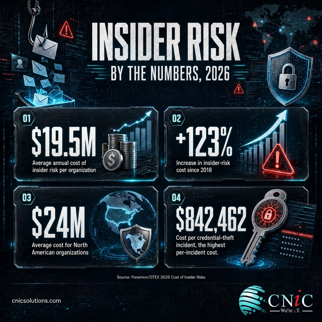 Infographic of 2026 insider risk stats: $19.5M average annual cost, up 123% since 2018, $24M in North America, $842,462 per credential-theft incident