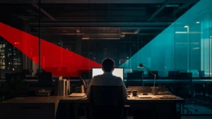 Employee working alone at a lit workstation in a dark office, illustrating after-hours insider access to company systems