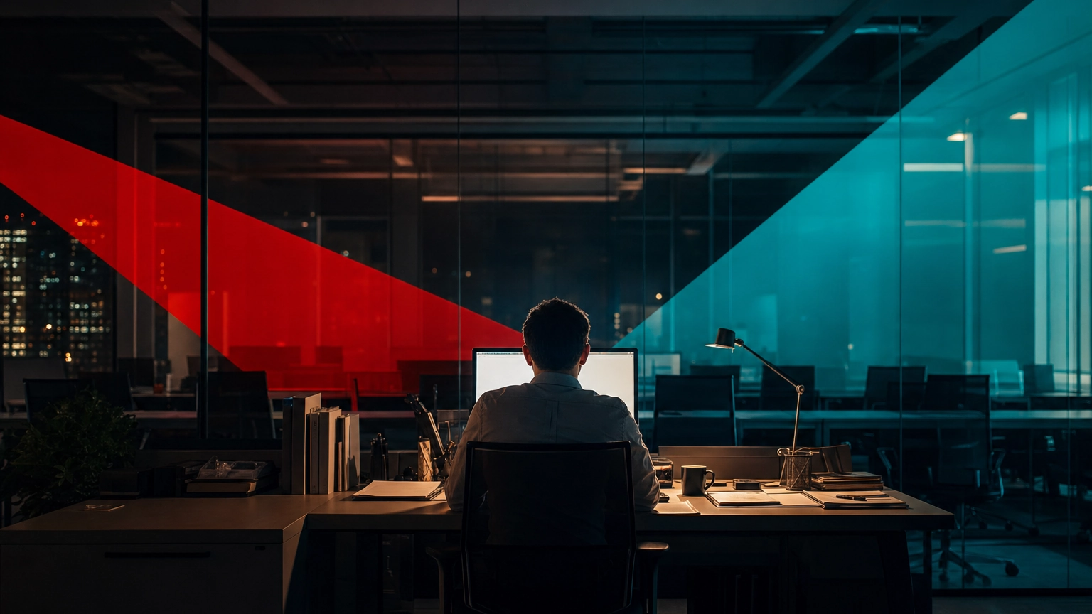 Employee working alone at a lit workstation in a dark office, illustrating after-hours insider access to company systems
