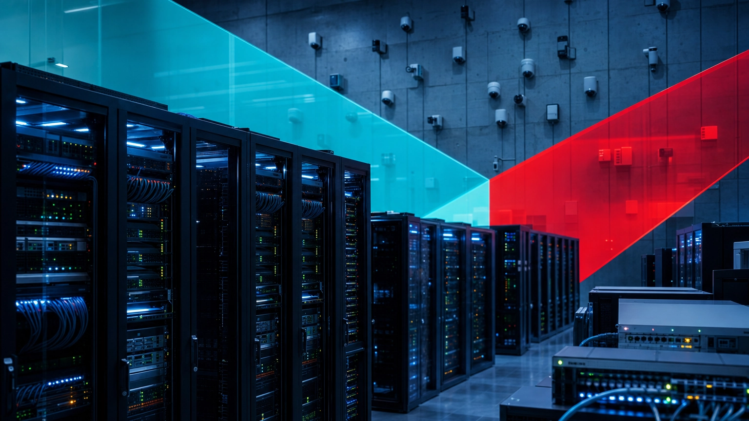Enterprise network operations center with server racks, switches, and connected IoT devices
