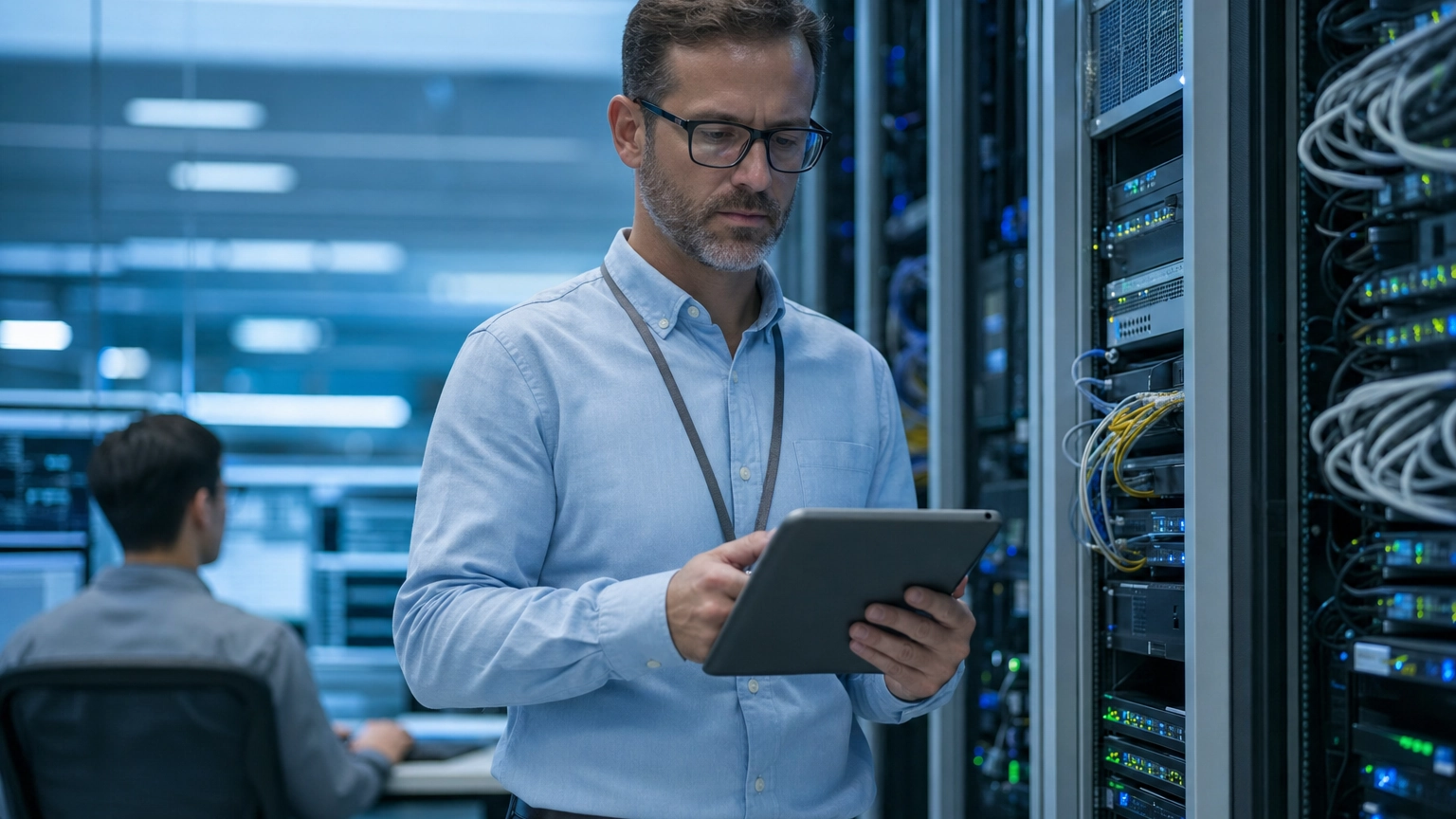 Security manager reviewing a tablet beside organized server racks in a modern, well-managed corporate data environment