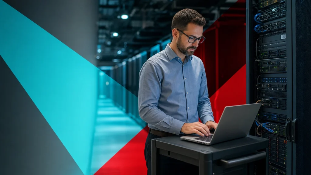 IT administrator reviewing system update status on servers in a business data center