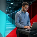 IT administrator reviewing system update status on servers in a business data center