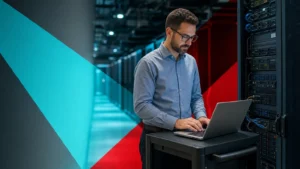 IT administrator reviewing system update status on servers in a business data center