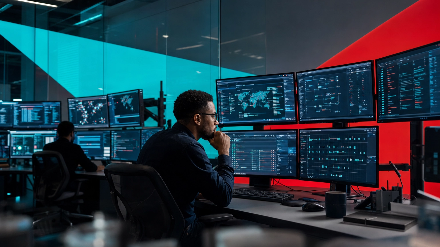 IT operations analyst reviewing diagnostic dashboards and logs to find the root cause of a problem