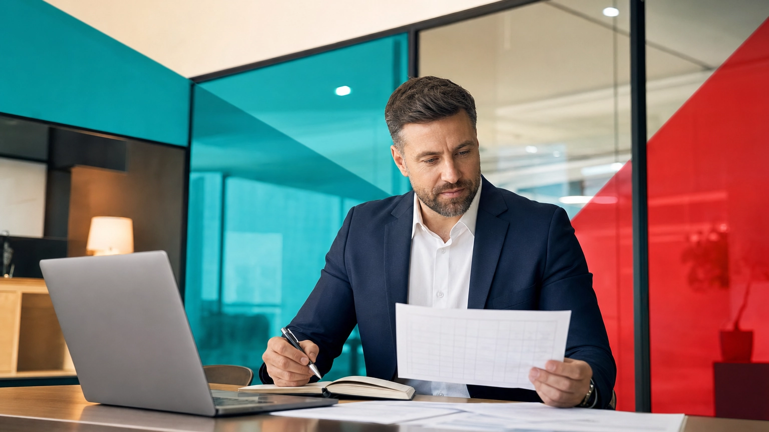 Business owner reviewing technology spending and IT budget at a desk