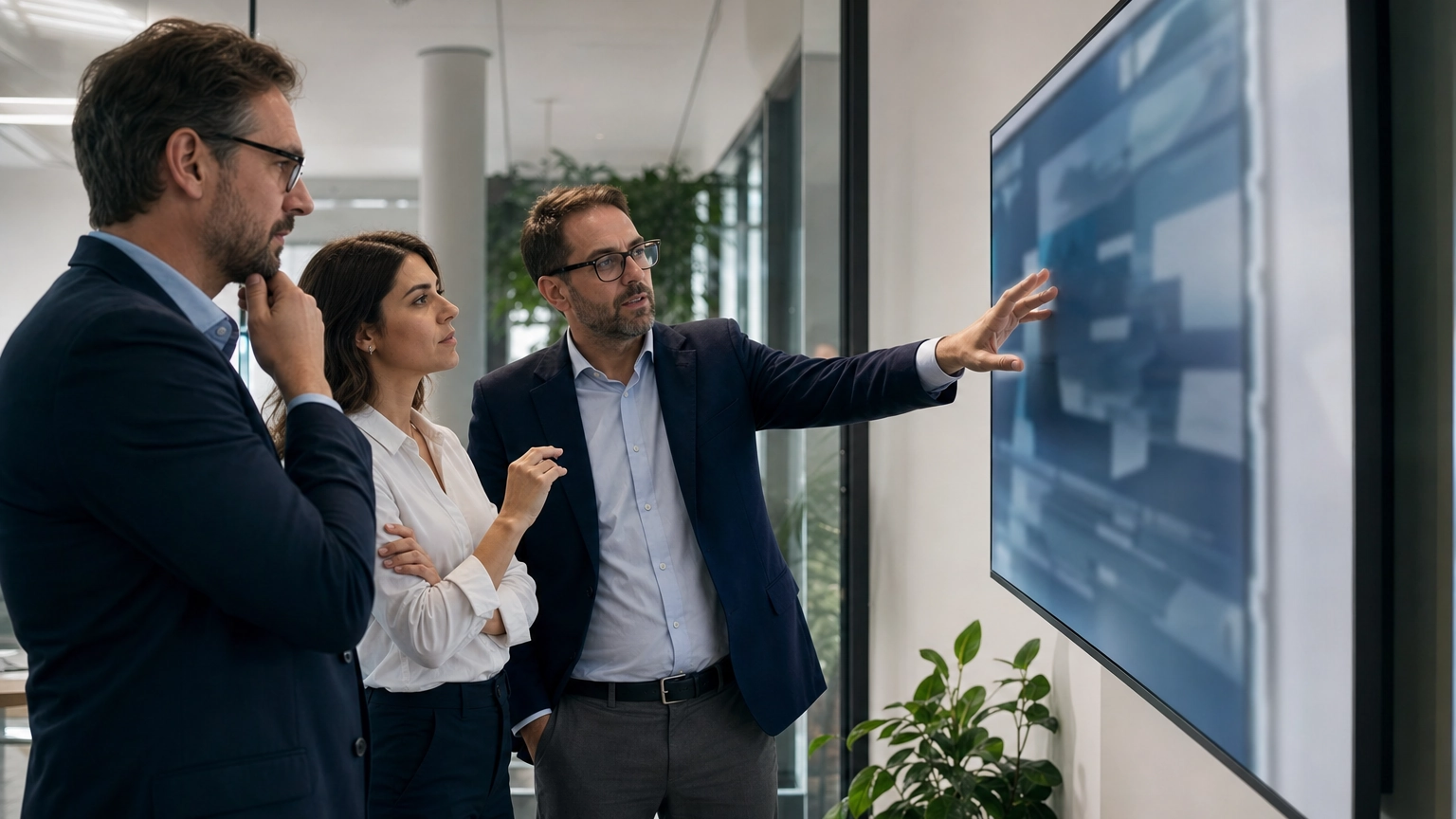 Business IT decision-makers reviewing cloud versus on-premises infrastructure options together on a screen