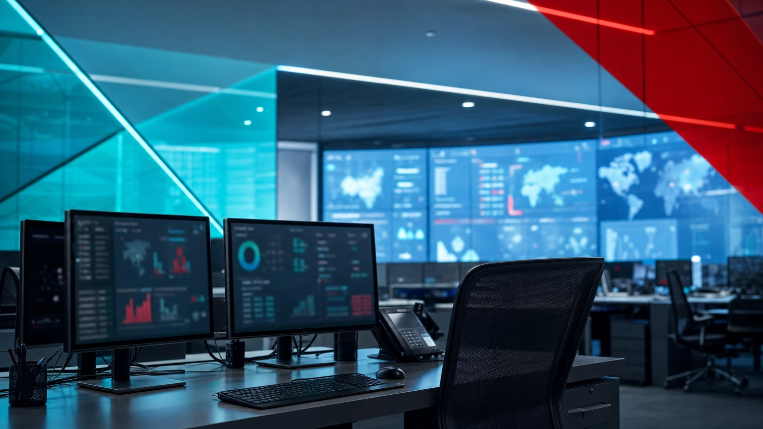 Network operations center with dashboard screens representing continuous IT monitoring of business systems