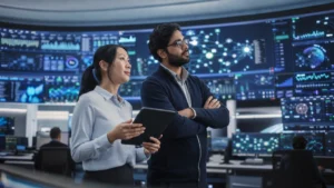 IT operations professionals overseeing system health dashboards on a wall of monitors in a network operations center
