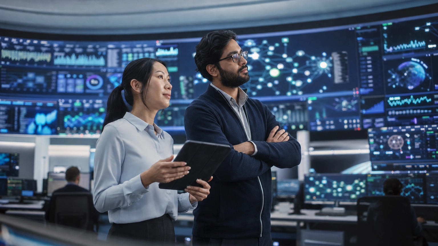 IT operations professionals overseeing system health dashboards on a wall of monitors in a network operations center