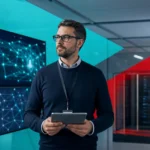 IT professional monitoring network security dashboards in a business network operations center