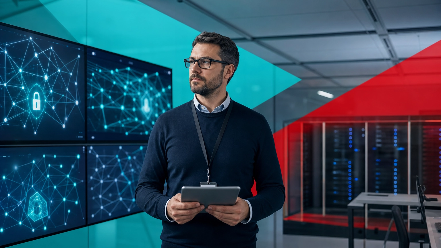 IT professional monitoring network security dashboards in a business network operations center
