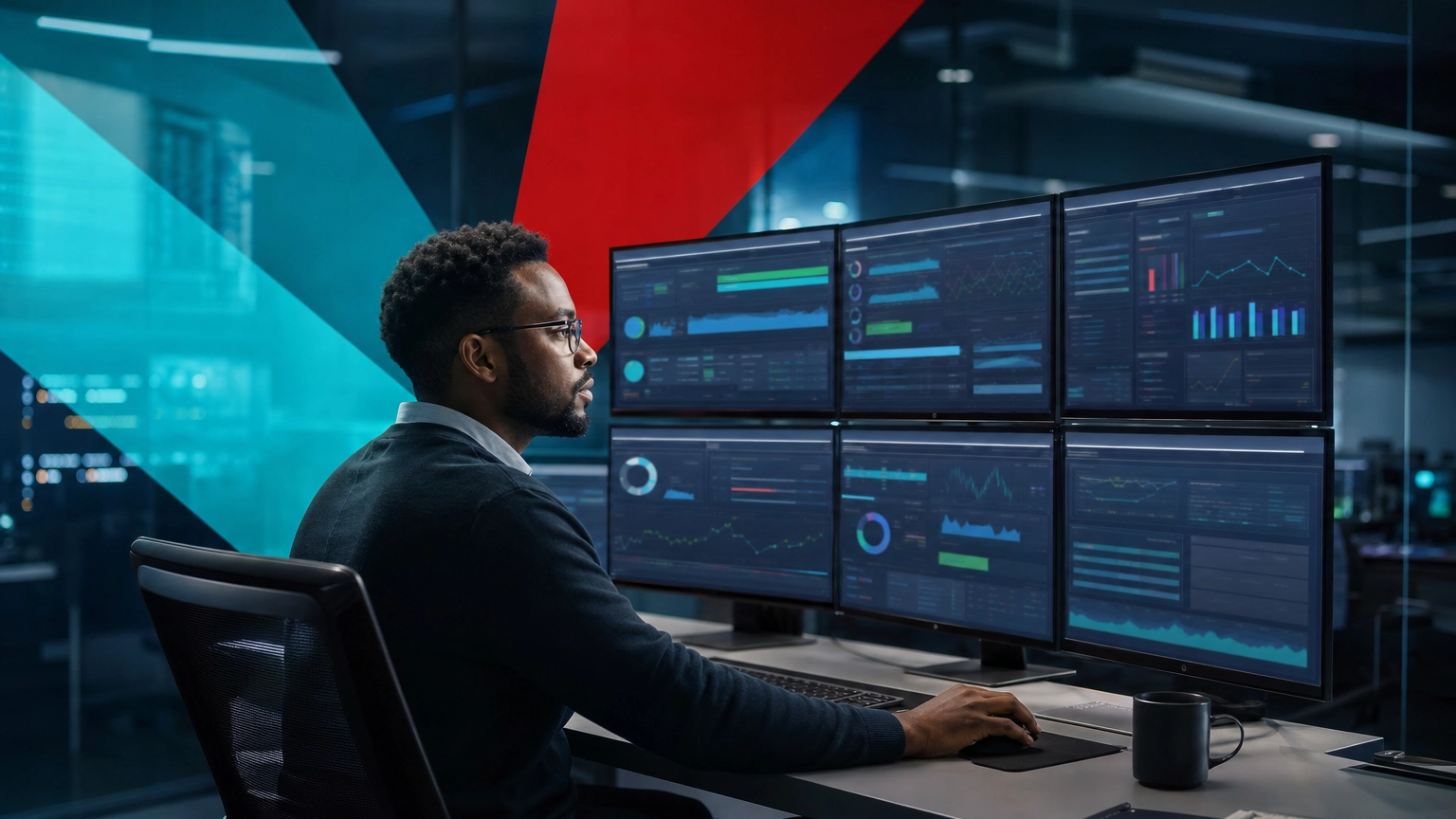 IT professional reviewing performance and network dashboards on multiple monitors in a network operations center
