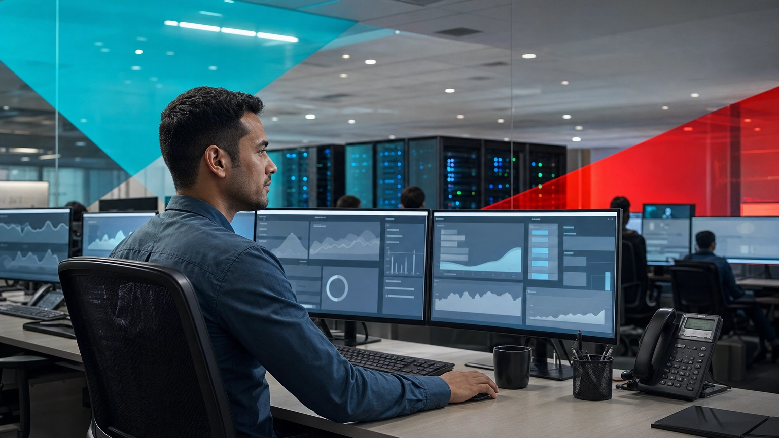 IT professional reviewing performance dashboards on multiple monitors in a network operations environment