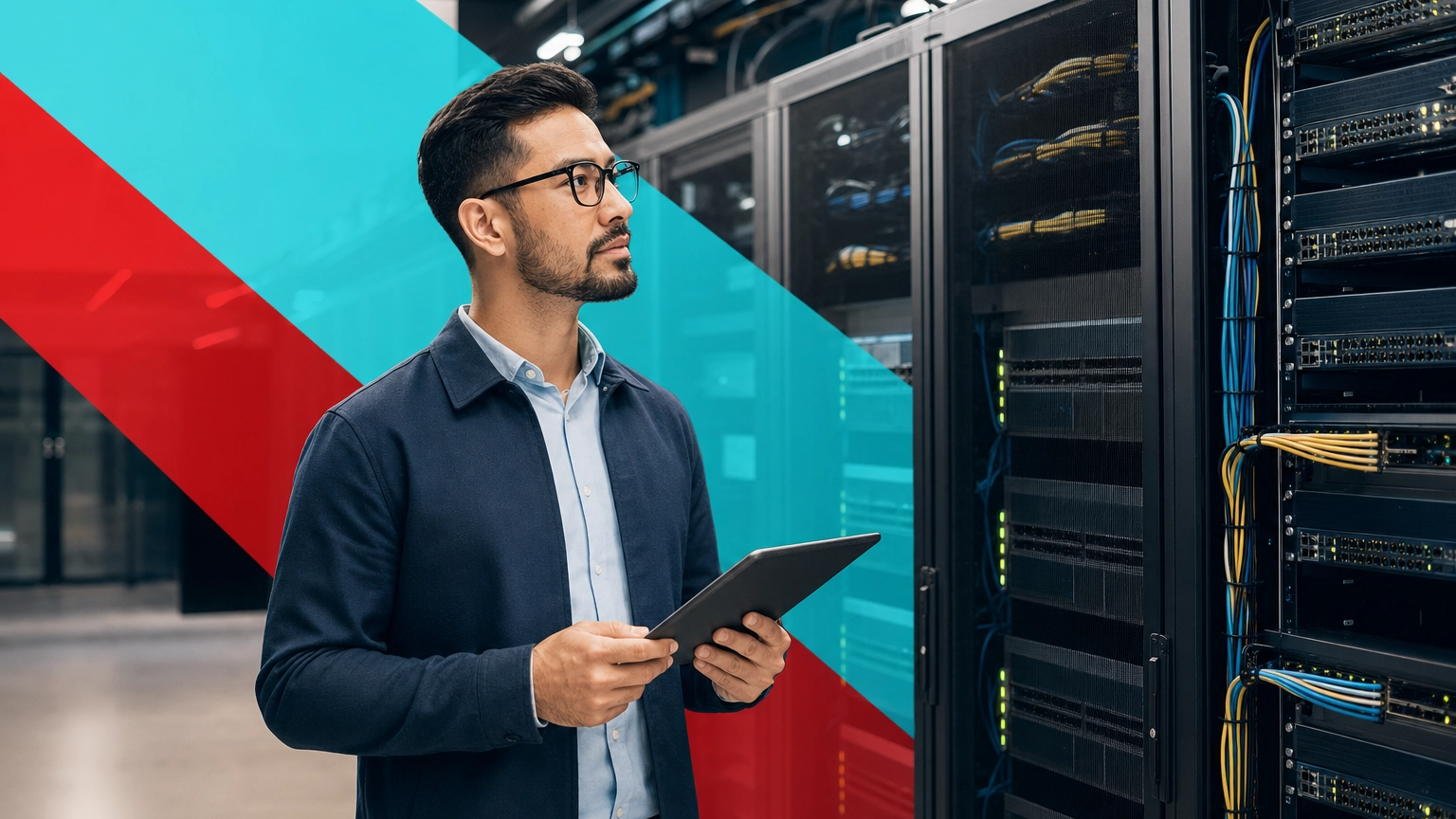 IT professional reviewing organized company hardware and network assets in a well-managed business server room