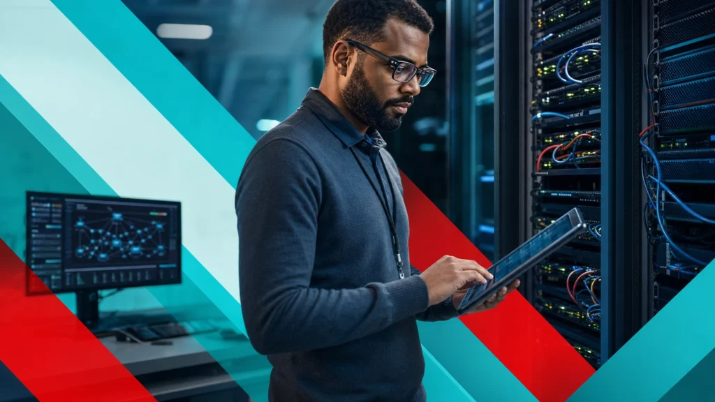 IT professional reviewing network equipment that a firewall protects in a business server room