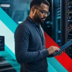 IT professional reviewing network equipment that a firewall protects in a business server room