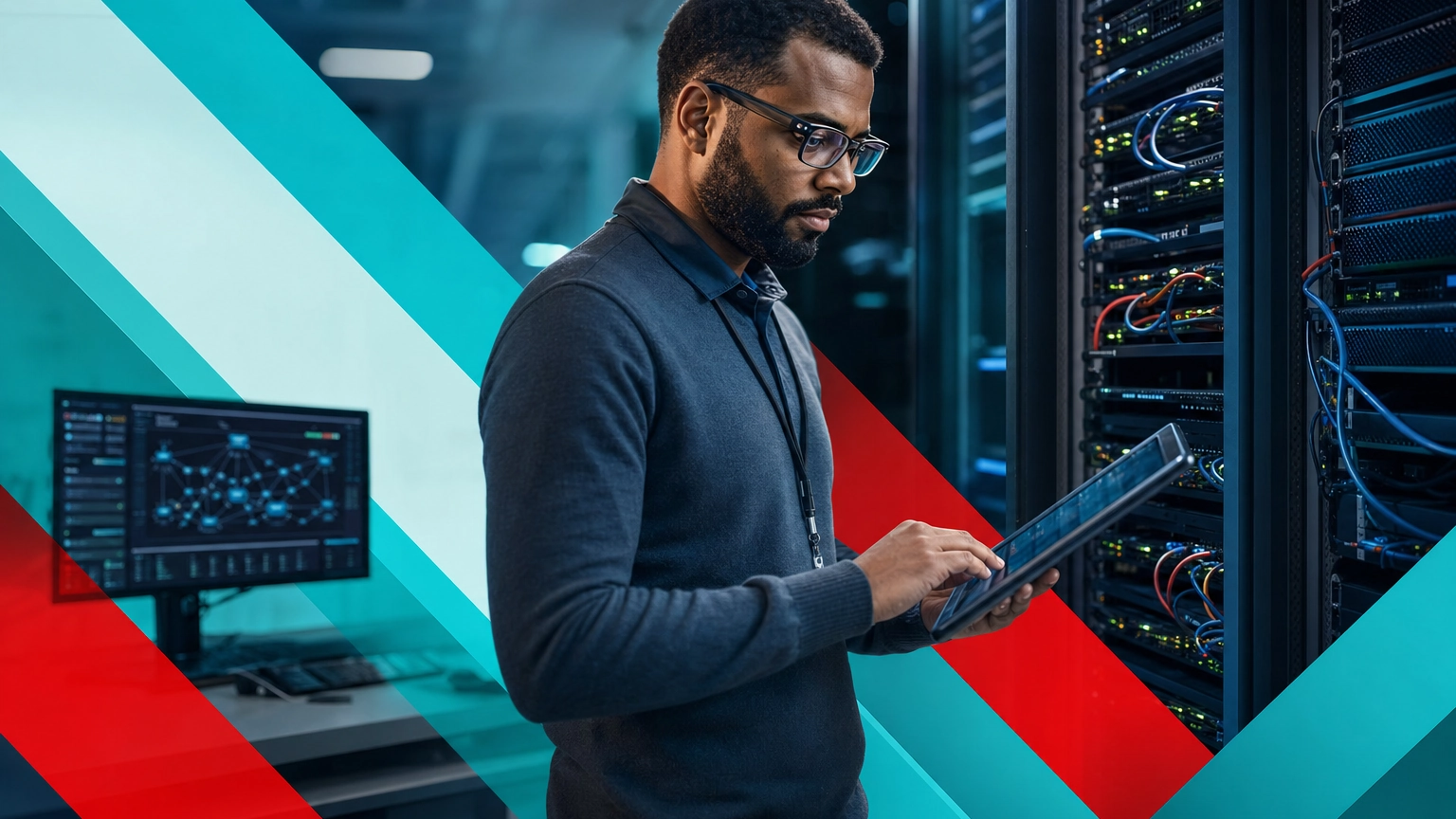 IT professional reviewing network equipment that a firewall protects in a business server room