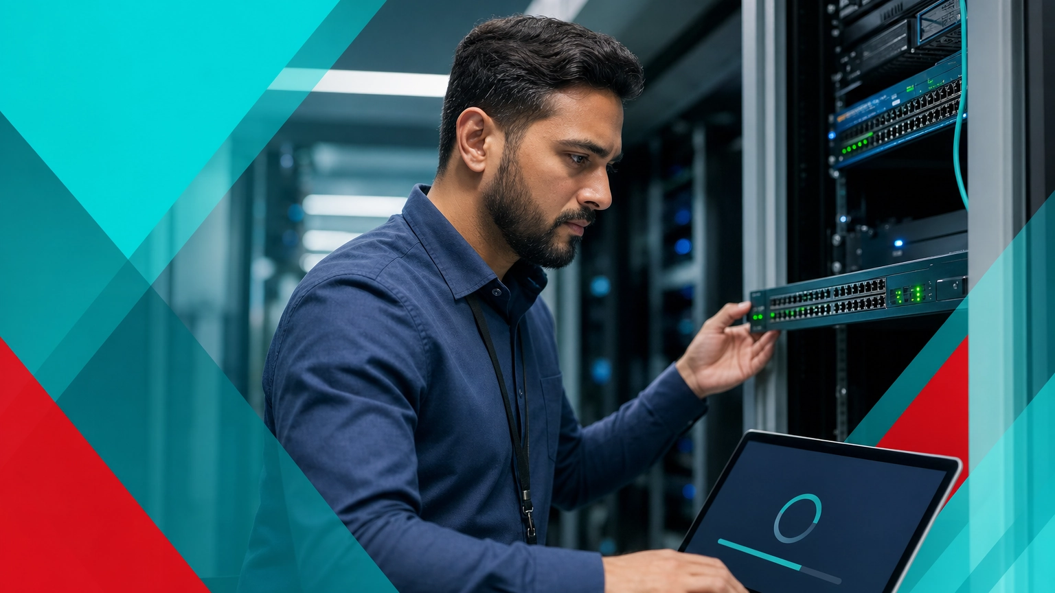 IT professional applying a firmware update to network hardware in a business server room