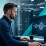 IT professional verifying file and data integrity at a business workstation