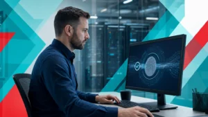 IT professional verifying file and data integrity at a business workstation