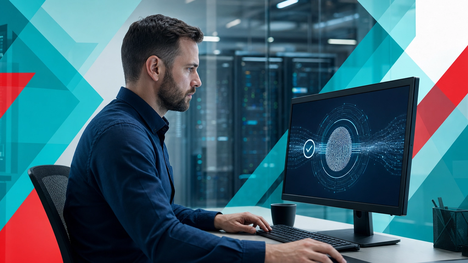 IT professional verifying file and data integrity at a business workstation