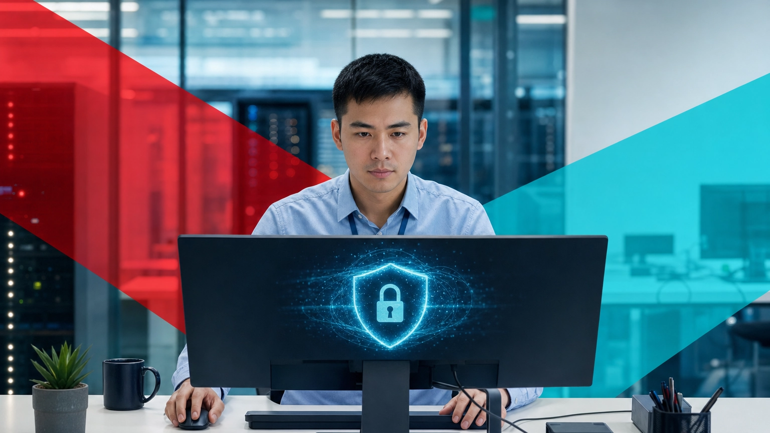 IT professional processing secure encrypted data on a business workstation
