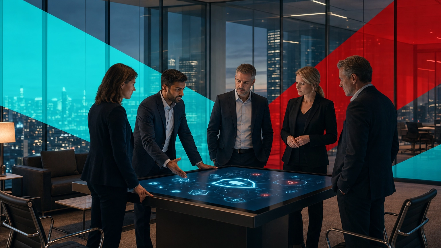 Business leaders reviewing IT risk on a boardroom screen, illustrating IT risk management framework decisions
