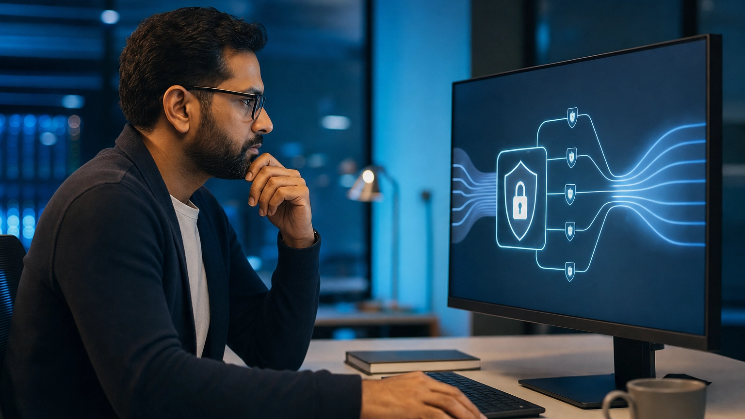IT security professional monitoring data loss prevention on a business workstation