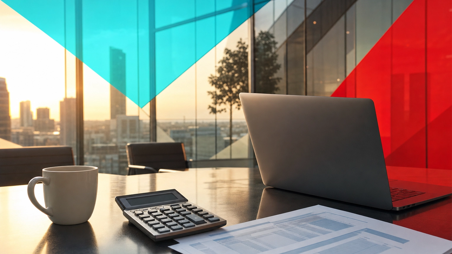 Modern office desk with laptop, budget documents, and calculator in warm light, illustrating business IT spending and budget planning