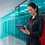 IT professional reviewing documented standard operating procedures on a tablet in a server room