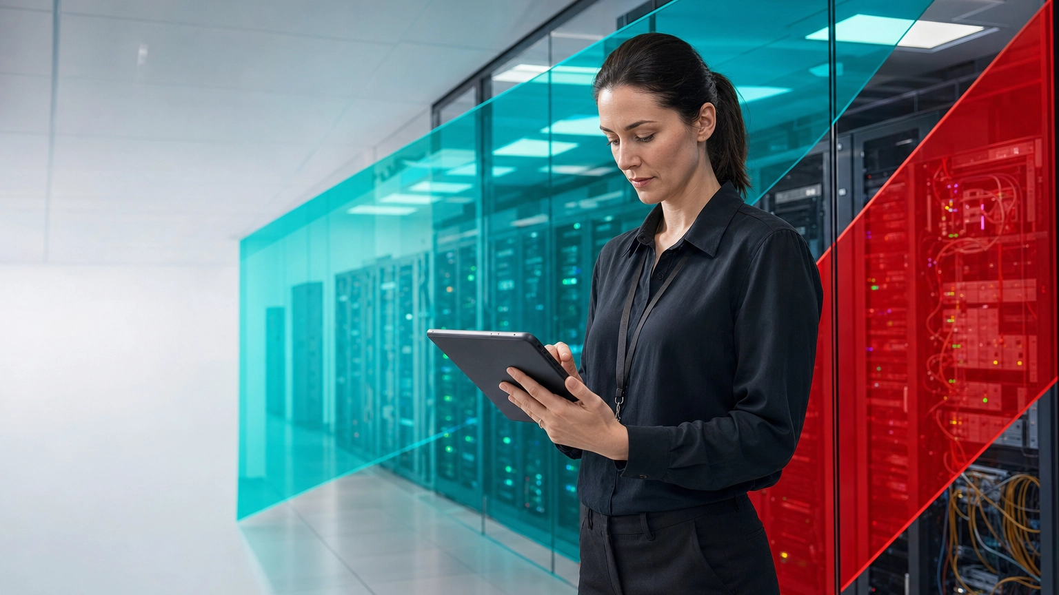 IT professional reviewing documented standard operating procedures on a tablet in a server room