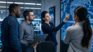 IT security team coordinating an incident response in a business security operations room