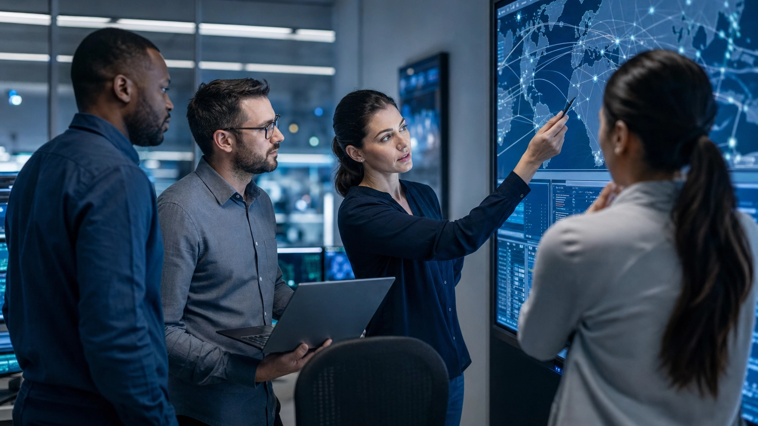 IT security team coordinating an incident response in a business security operations room
